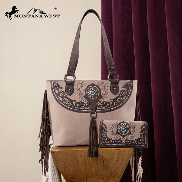 Montana West Embroidered Concealed Carry Tote with Wallet Set - Picture 4 of 13